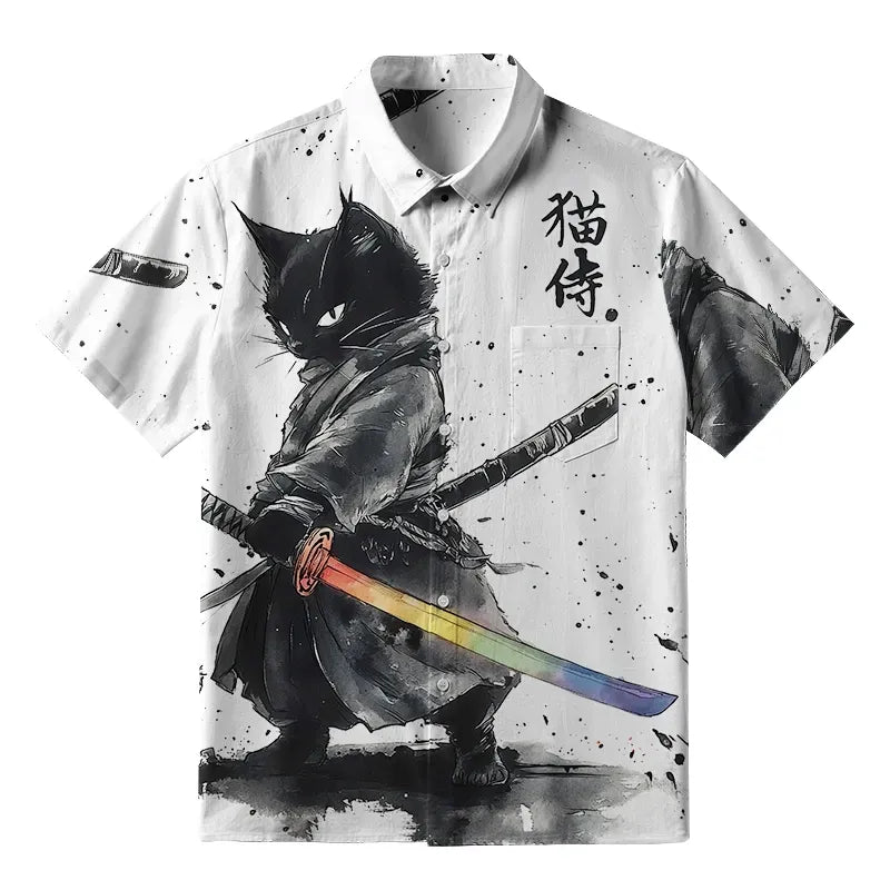 Kyoto-Lion Cat Holding A Rainbow Sword Button-up Shirt