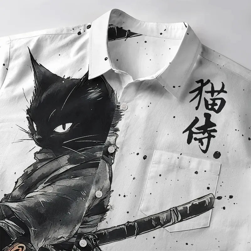 Japanese Cat Button-up Shirt for Summer