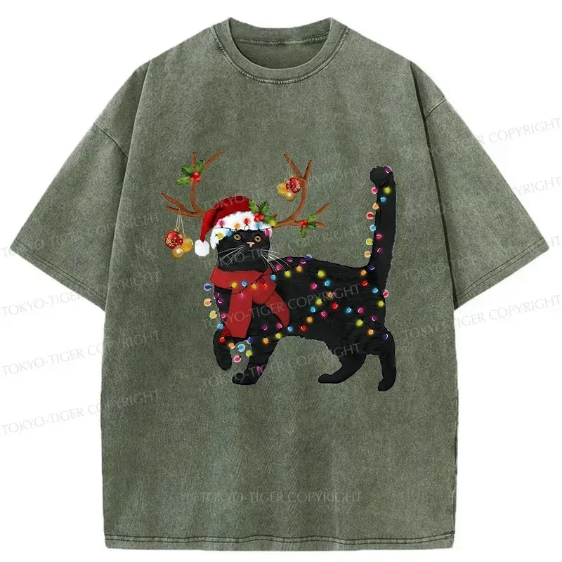 Kyoto-Lion Christmas Black Cat Washed T-Shirt