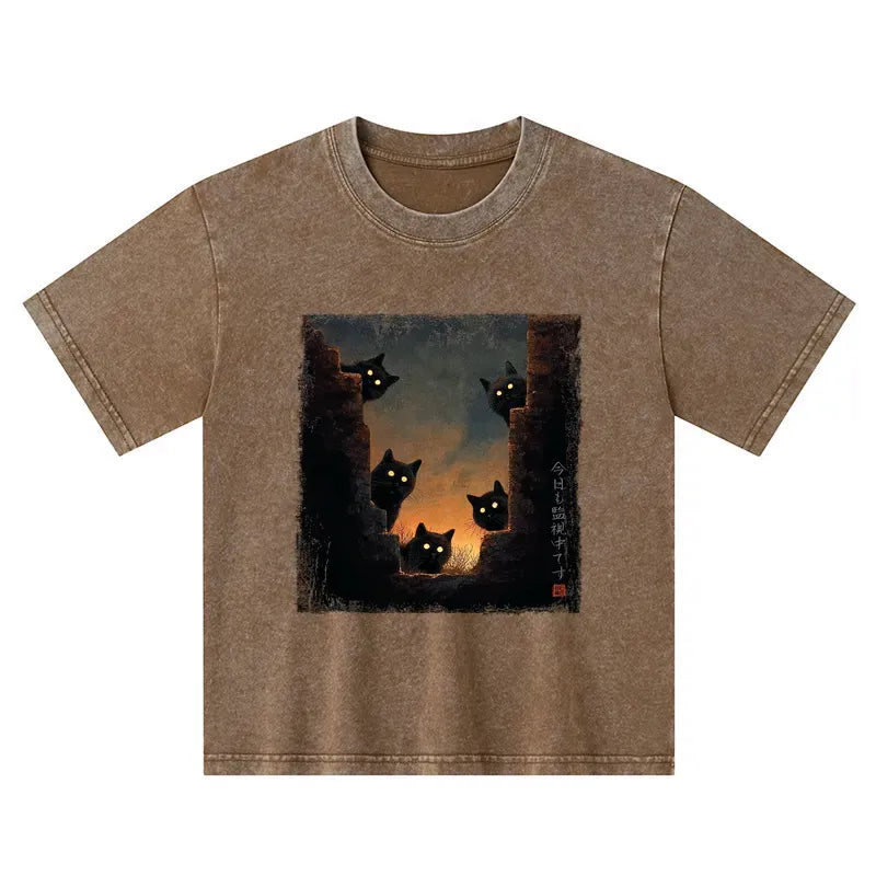 Kyoto-Lion Five Cats Are Watching You Today Kids Washed T-Shirt