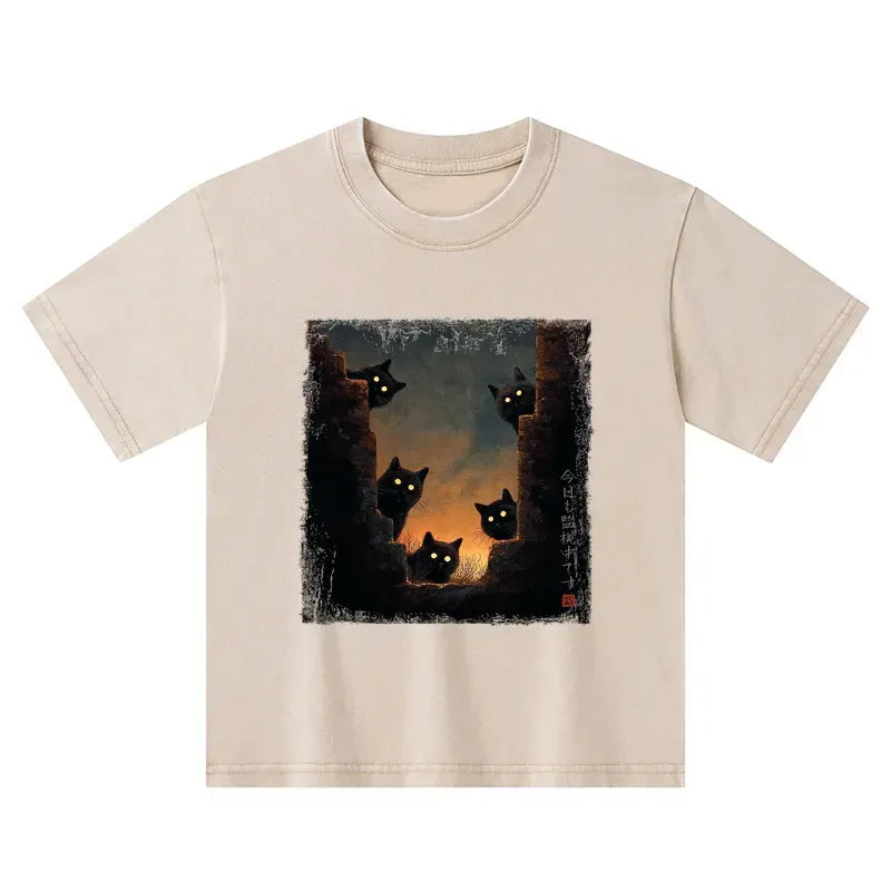 Kyoto-Lion Five Cats Are Watching You Today Kids Washed T-Shirt