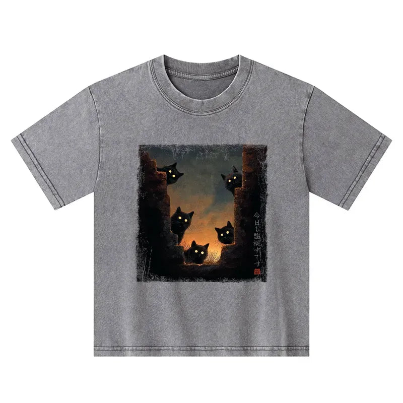 Kyoto-Lion Five Cats Are Watching You Today Kids Washed T-Shirt