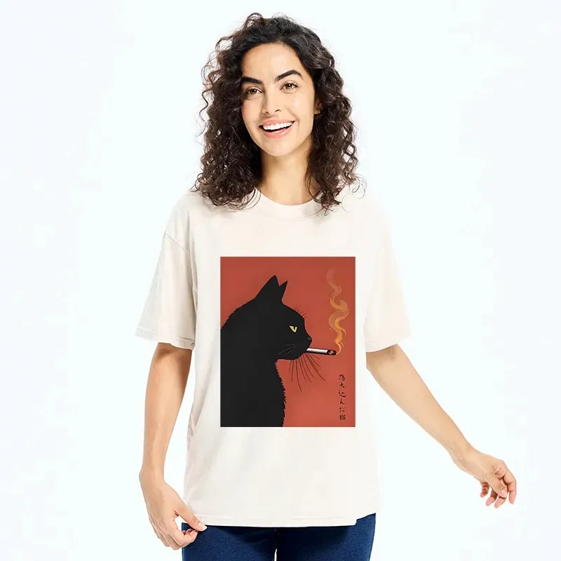 Kyoto-Lion Black Cat With Cigarette Washed T-Shirt