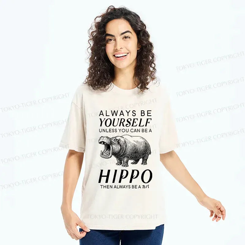 Kyoto-Lion Funny Hippopotamu Washed T-Shirt