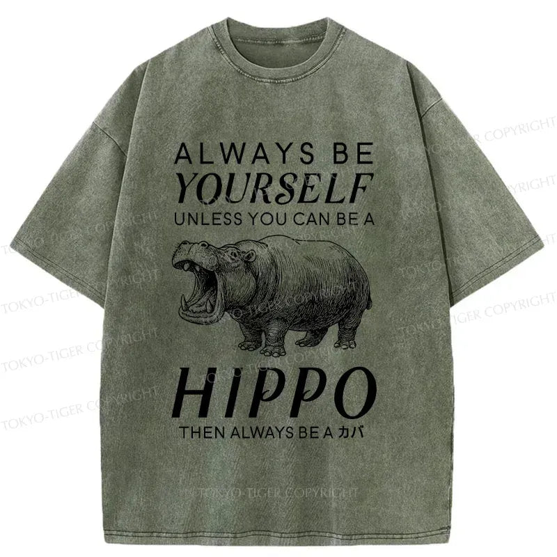 Kyoto-Lion Funny Hippopotamu Washed T-Shirt
