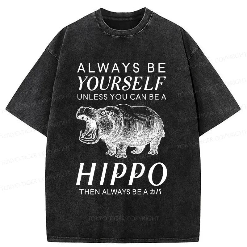Kyoto-Lion Funny Hippopotamu Washed T-Shirt