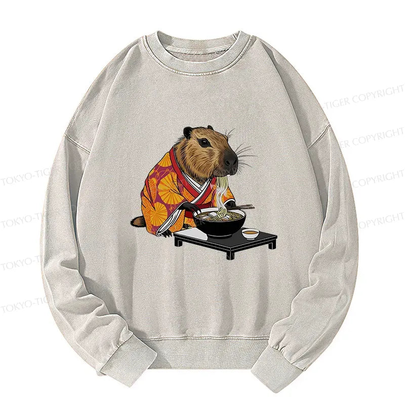 Kyoto-Lion Cute Capybara Eating Ramen Washed Sweatshirt
