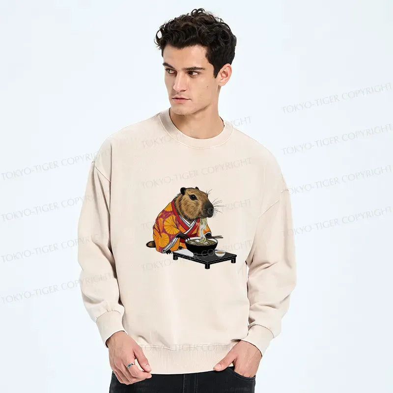 Kyoto-Lion Cute Capybara Eating Ramen Washed Sweatshirt