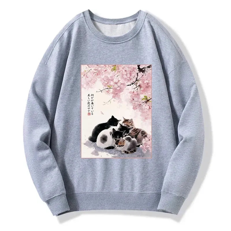 vintage sakura cat sweatshirt for daily wear