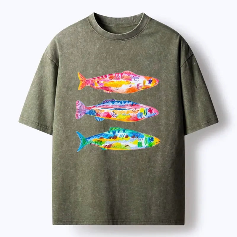 Kyoto-Lion Colorful Hand Drawn Fish Washed T-Shirt