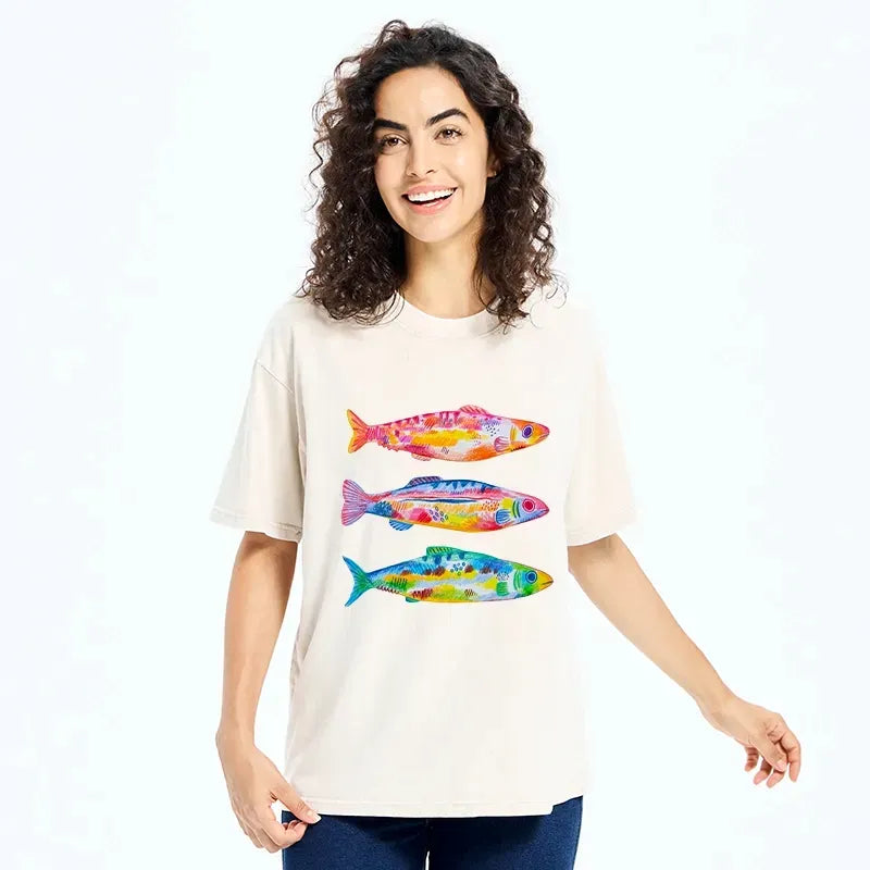 Kyoto-Lion Colorful Hand Drawn Fish Washed T-Shirt