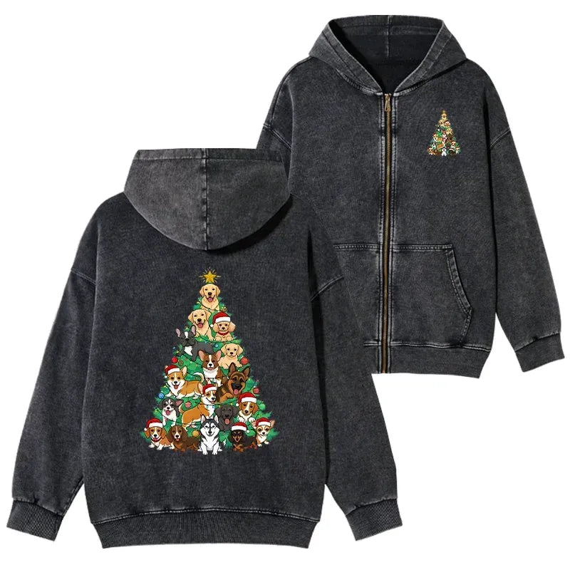 Kyoto-Lion Christmas Tree Dog Funny Washed Zip Hoodie