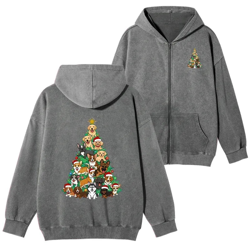 Kyoto-Lion Christmas Tree Dog Funny Washed Zip Hoodie