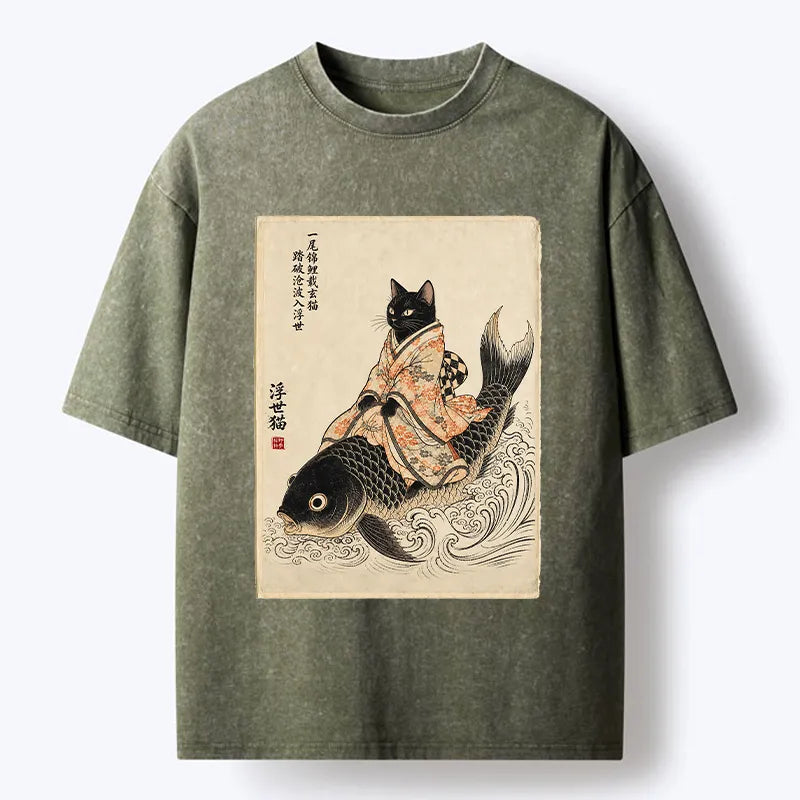 Kyoto-Lion Vintage Japan Cat Art Washed T-Shirt