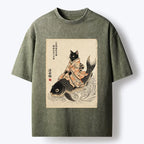 Kyoto-Lion Vintage Japan Cat Art Washed T-Shirt