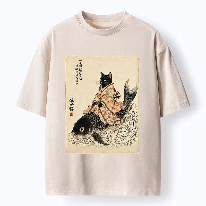 Kyoto-Lion Vintage Japan Cat Art Washed T-Shirt