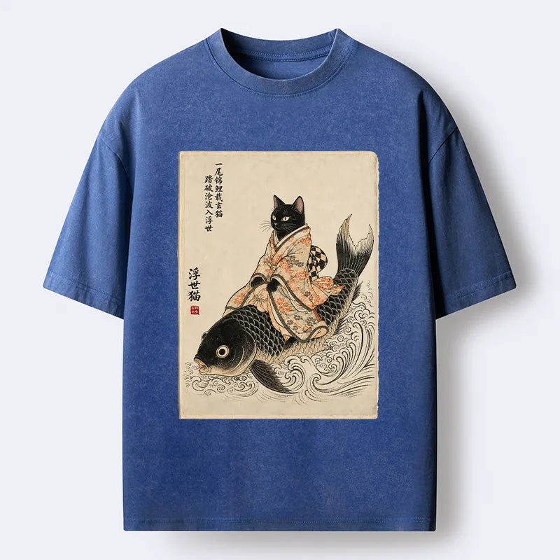 Kyoto-Lion Vintage Japan Cat Art Washed T-Shirt