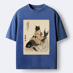 Kyoto-Lion Vintage Japan Cat Art Washed T-Shirt