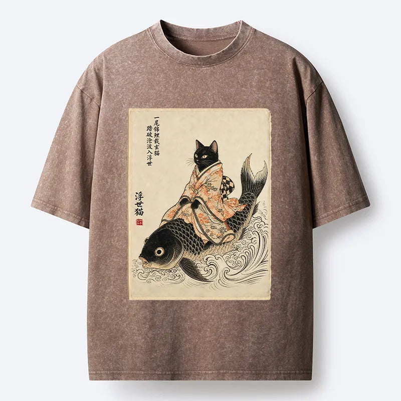 Kyoto-Lion Vintage Japan Cat Art Washed T-Shirt