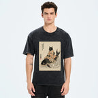 Kyoto-Lion Vintage Japan Cat Art Washed T-Shirt