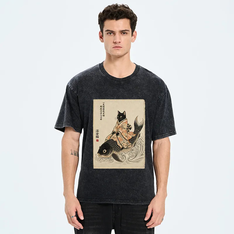 Kyoto-Lion Vintage Japan Cat Art Washed T-Shirt