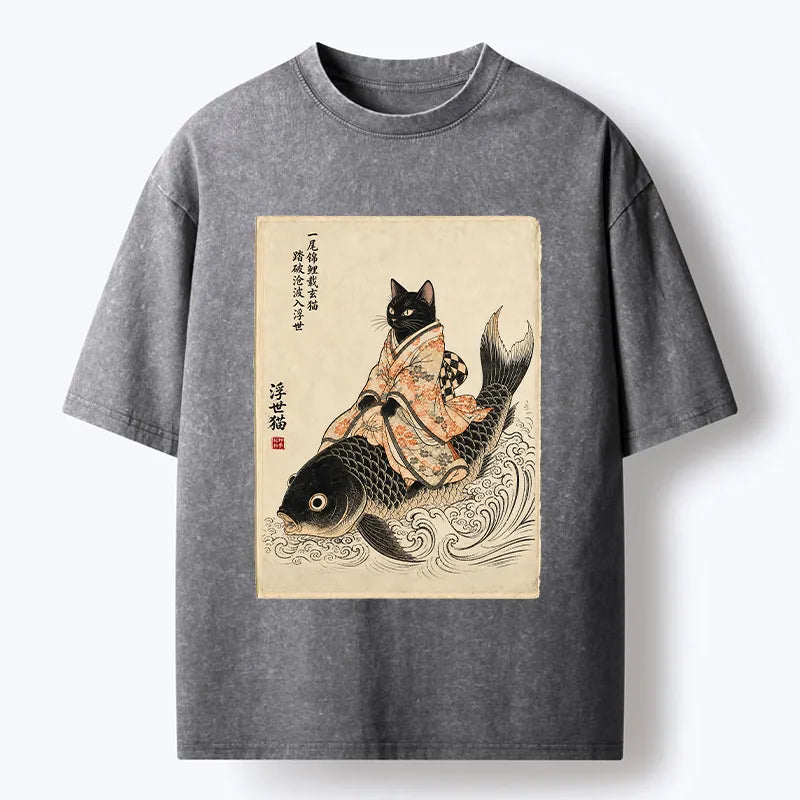 Kyoto-Lion Vintage Japan Cat Art Washed T-Shirt