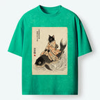 Kyoto-Lion Vintage Japan Cat Art Washed T-Shirt
