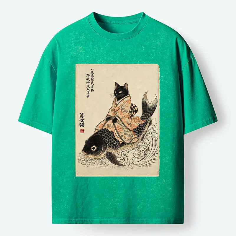Kyoto-Lion Vintage Japan Cat Art Washed T-Shirt