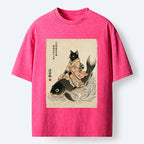 Kyoto-Lion Vintage Japan Cat Art Washed T-Shirt