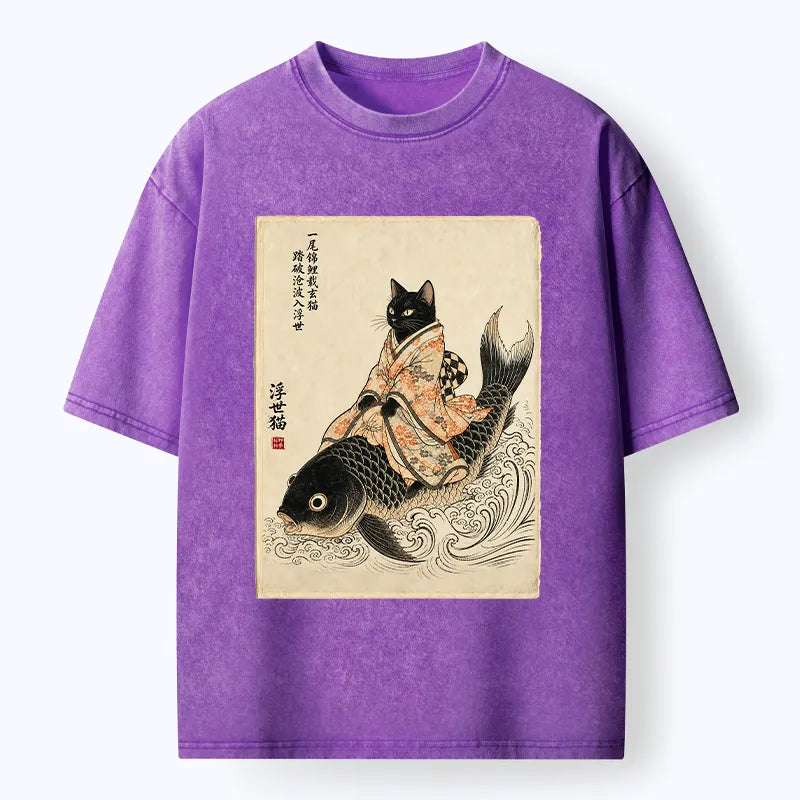Kyoto-Lion Vintage Japan Cat Art Washed T-Shirt