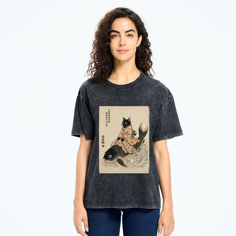 Kyoto-Lion Vintage Japan Cat Art Washed T-Shirt