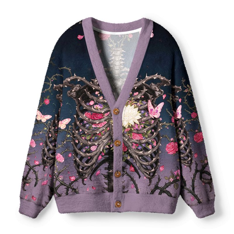 Kyoto-Lion Skeleton Ribcage Rose Butterfly Ugly Cardigan Sweater