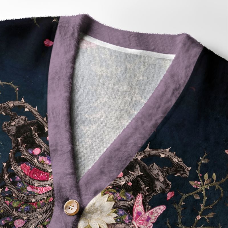 Kyoto-Lion Skeleton Ribcage Rose Butterfly Ugly Cardigan Sweater
