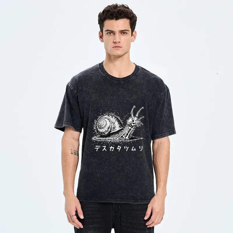 Kyoto-Lion Creepy Skeleton Snail Inked Style Washed T-Shirt