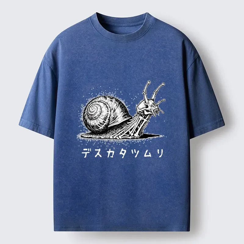 Kyoto-Lion Creepy Skeleton Snail Inked Style Washed T-Shirt