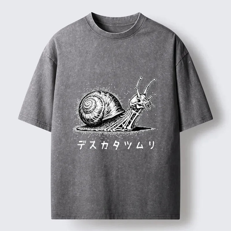 Kyoto-Lion Creepy Skeleton Snail Inked Style Washed T-Shirt