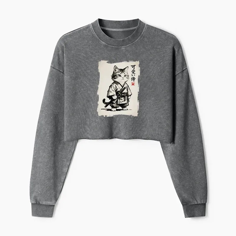 Japanese samurai cat washed crop sweatshirt