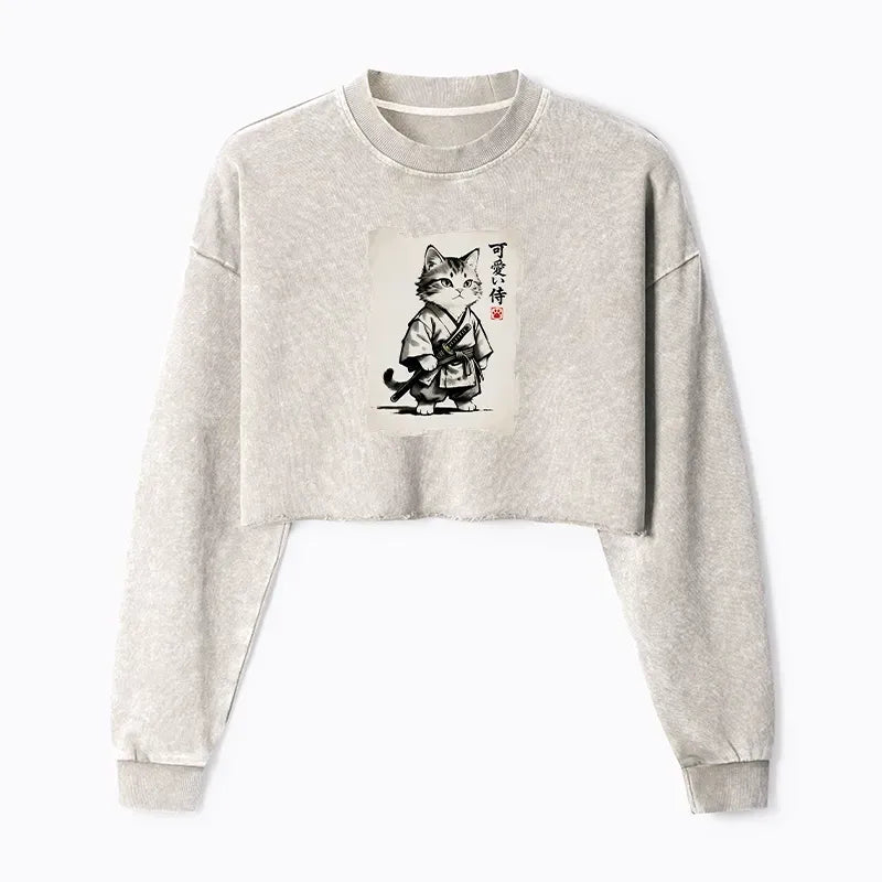 Kyoto-Lion Japanese Samurai Cat Illustration Washed Crop Sweatshirt
