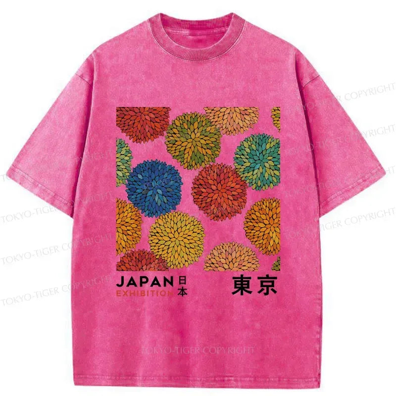Japanese Flower Art Washed T-Shirt for Daily Wear