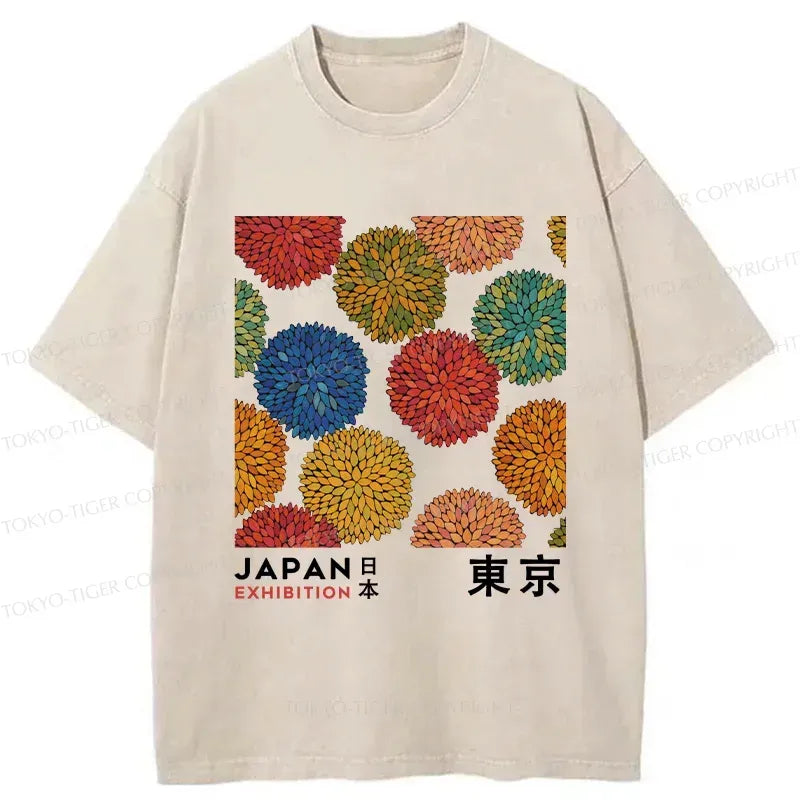 Japanese Flower Art Washed T-Shirt for Daily Wear