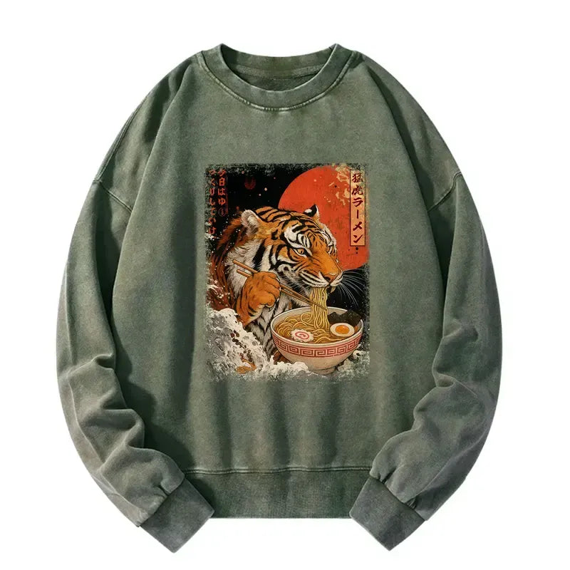 Kyoto-Lion Ukiyoe Japan Tiger Eating Ramen Washed Sweatshirt