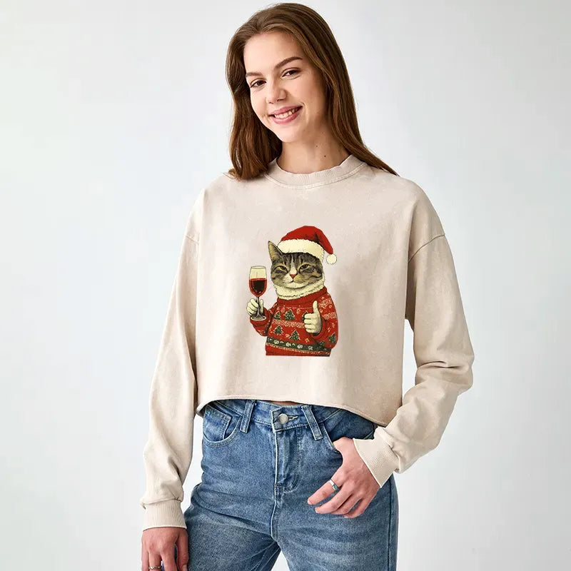 Japanese Cat Washed Crop Sweatshirt