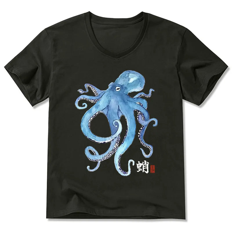 Kyoto-Lion Watercolor Blue Octopus V-Neck Classic T-Shirt