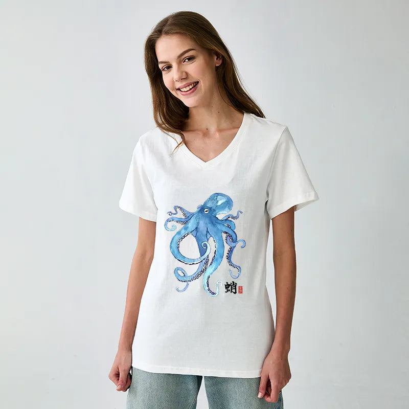 Kyoto-Lion Watercolor Blue Octopus V-Neck Classic T-Shirt