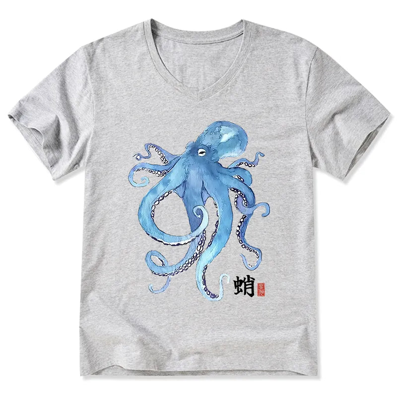 Kyoto-Lion Watercolor Blue Octopus V-Neck Classic T-Shirt