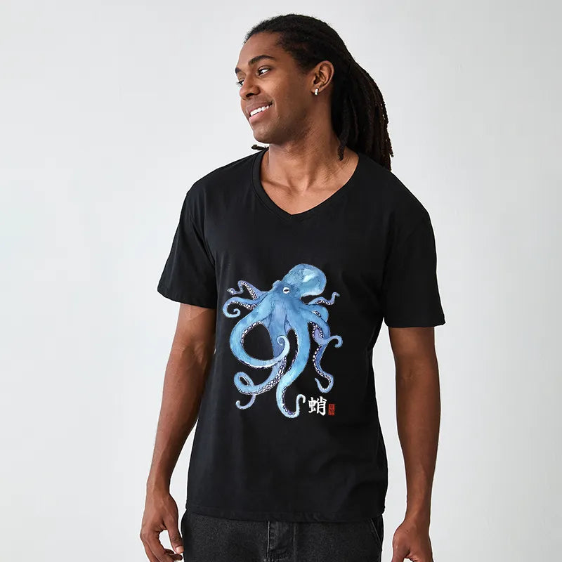 Kyoto-Lion Watercolor Blue Octopus V-Neck Classic T-Shirt