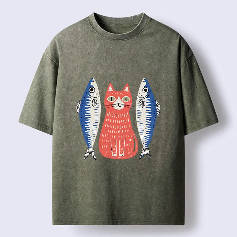 Kyoto-Lion Woodcut Cat And Fish Art Washed T-Shirt