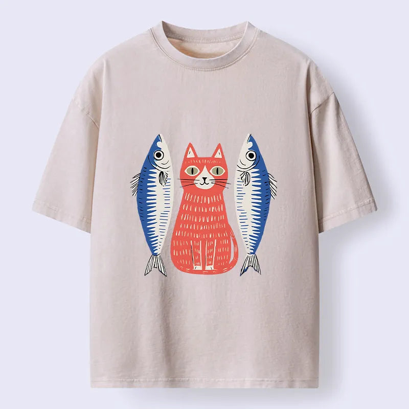 Kyoto-Lion Woodcut Cat And Fish Art Washed T-Shirt