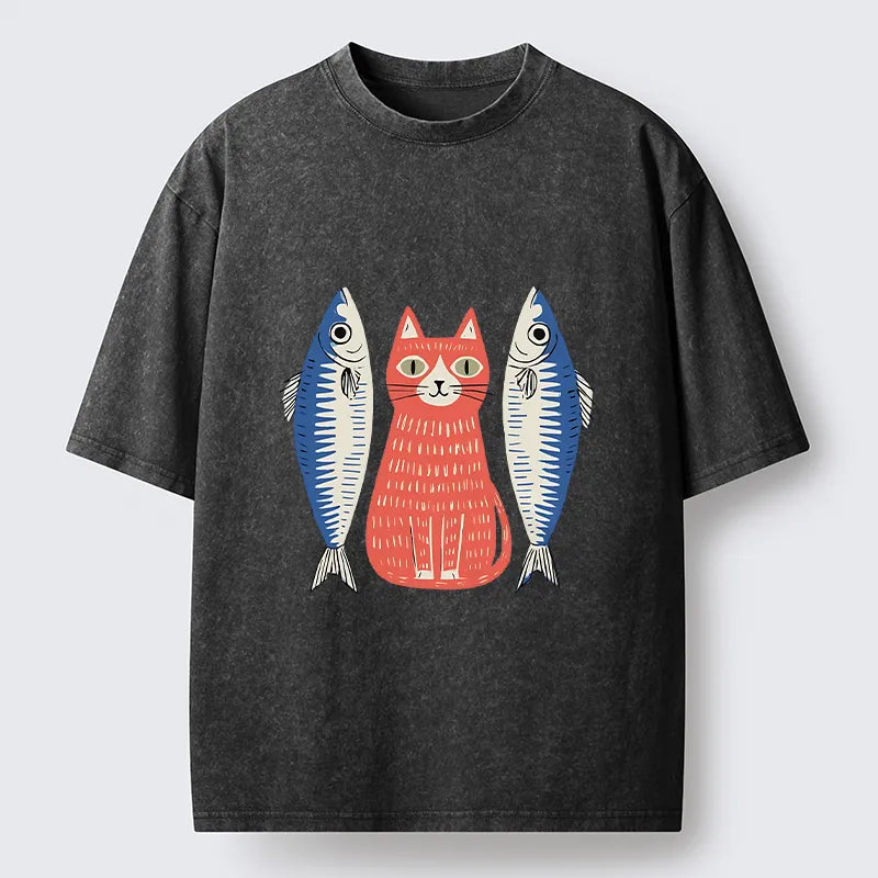 Kyoto-Lion Woodcut Cat And Fish Art Washed T-Shirt