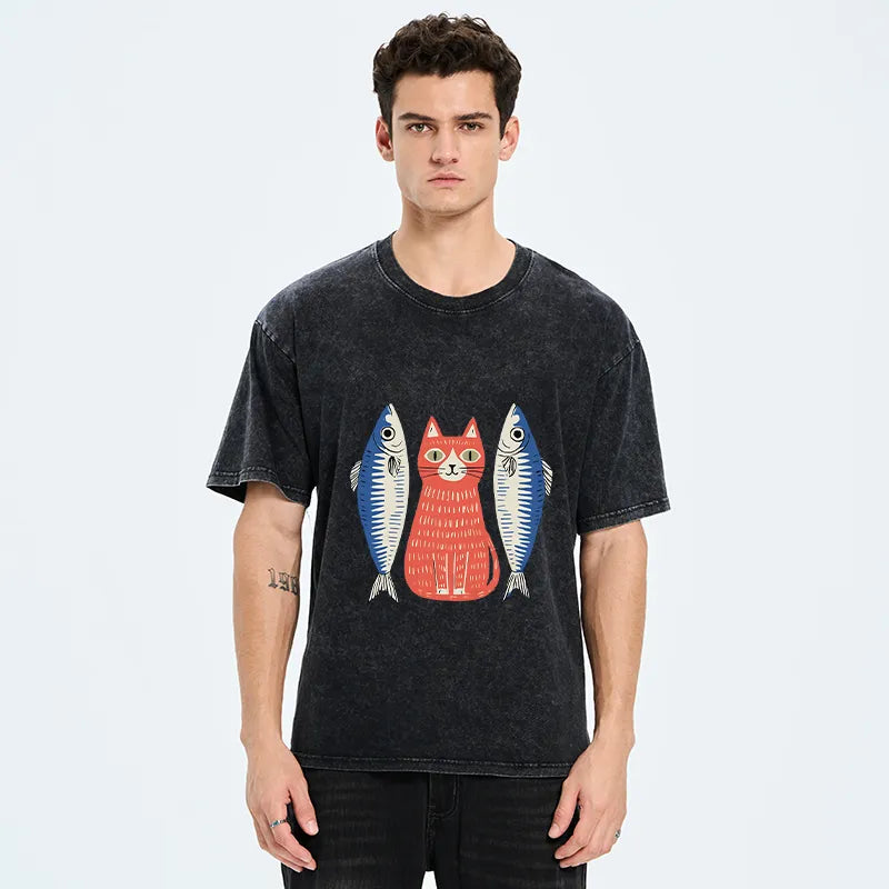 Kyoto-Lion Woodcut Cat And Fish Art Washed T-Shirt